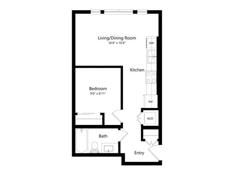 Floor plan for 1 bed, 1 bath, 544 sqft
